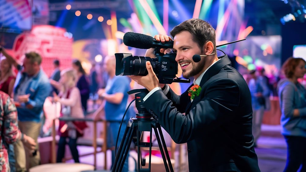 Videographer filming an event with a professional camera rig