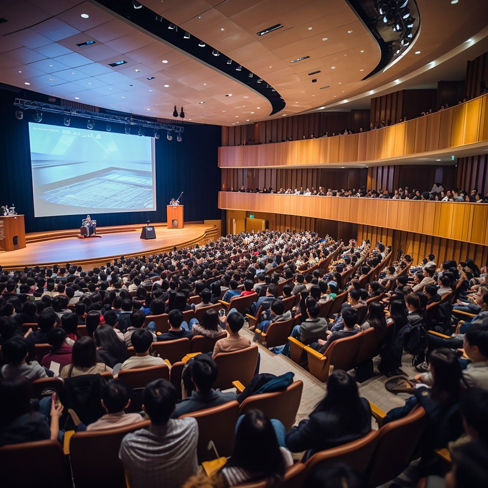 Stage lighting and audience at a River Stone-produced corporate conference