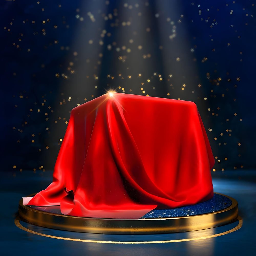 Stage set with red curtain backdrop for a company event
