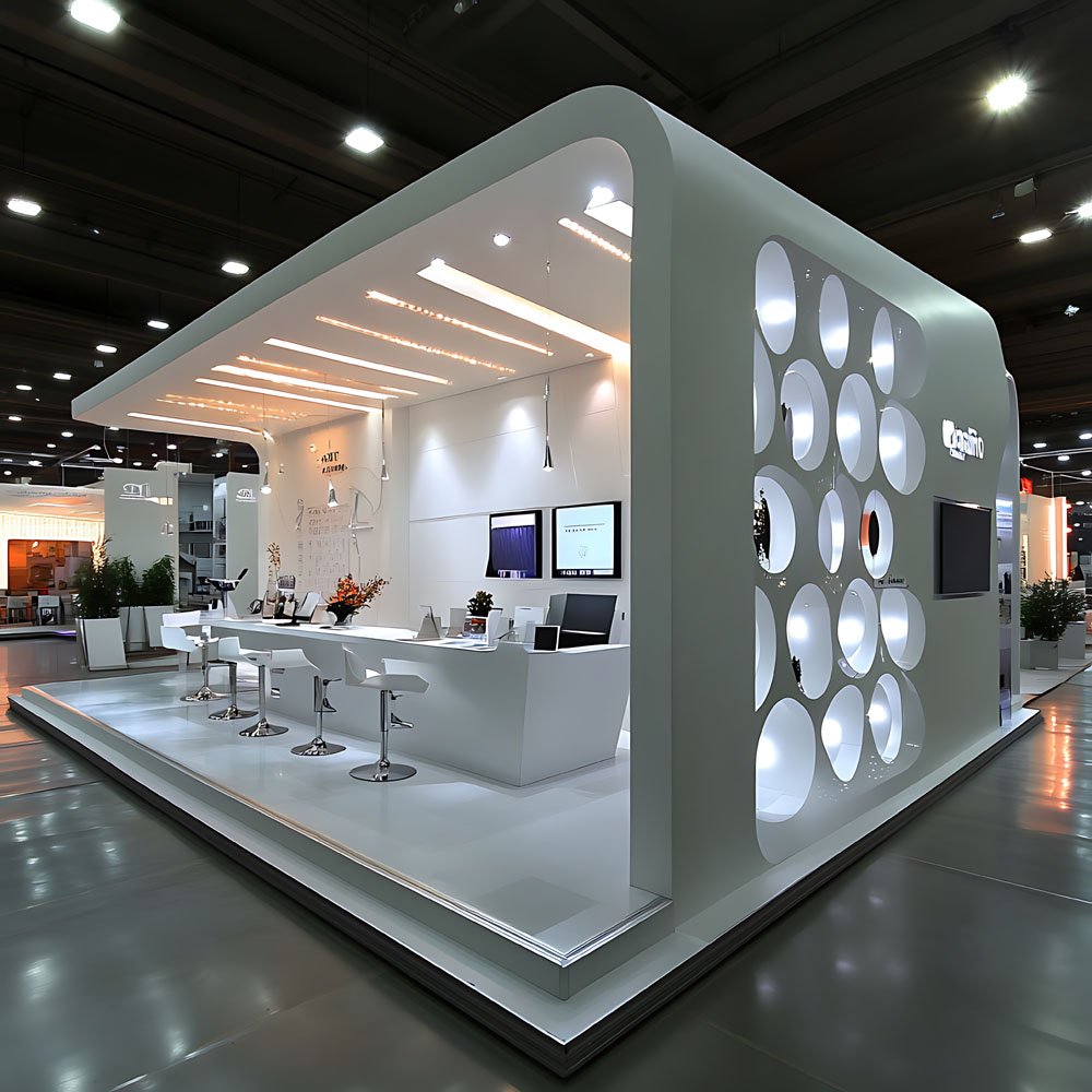 Exhibition display area with product stands and laptops