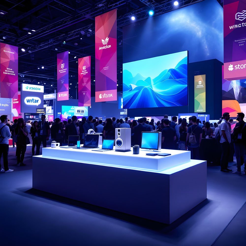 Crowd gathered around an electronics display at an exhibition