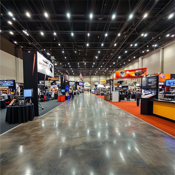 Custom exhibition stall with branded signage at a trade show