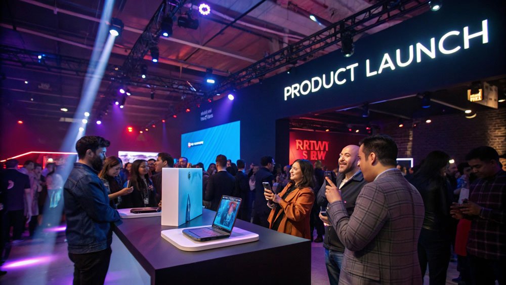 Attendees engaging with displays at a River Stone product launch
