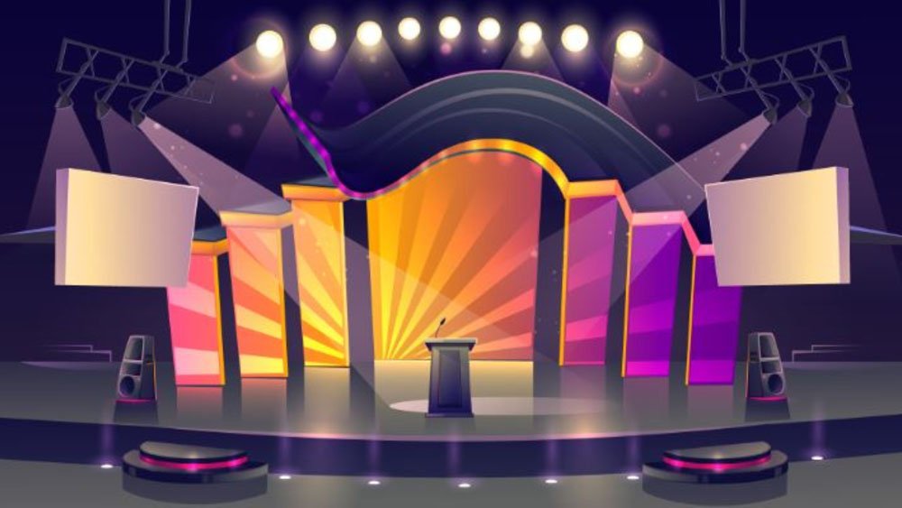 Colourful stage lighting design against a dark background