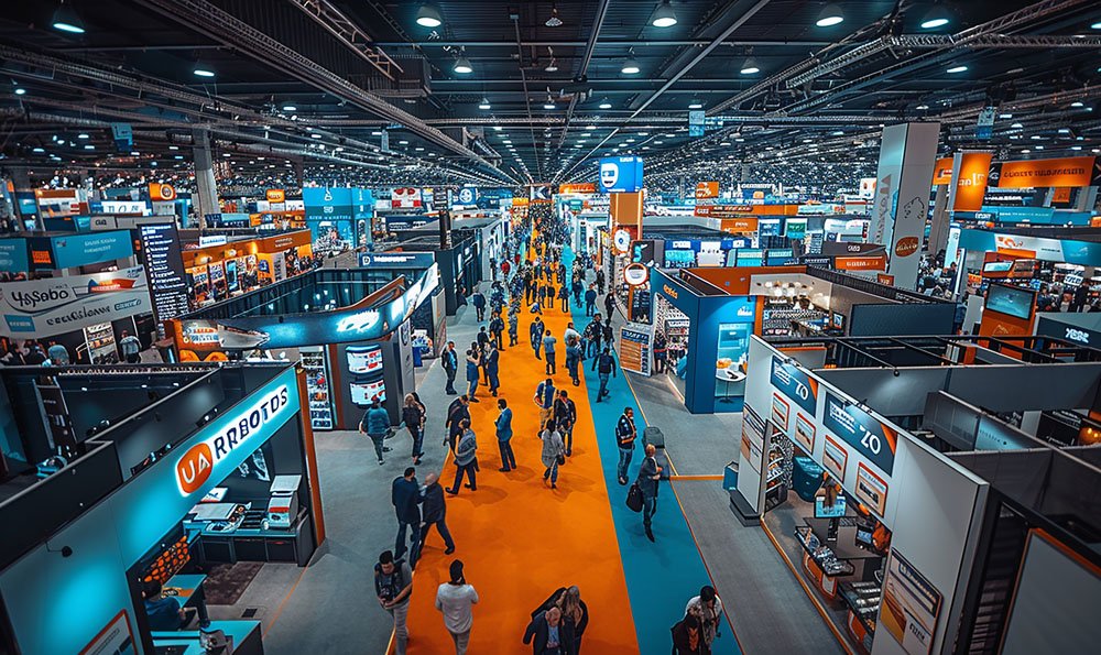 Vibrant trade show floor with exhibitors showcasing products