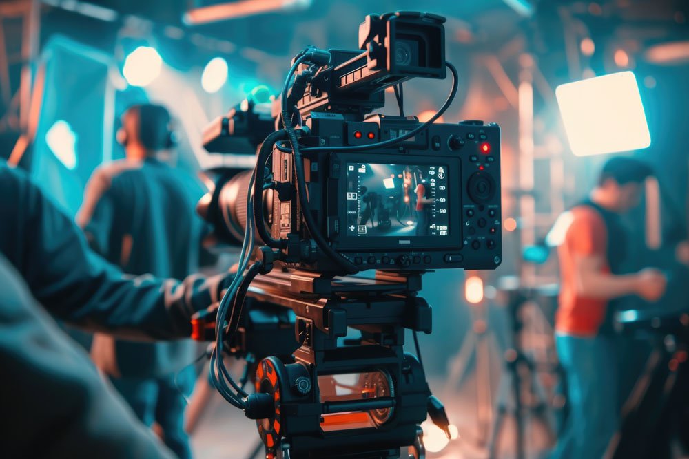 River Stone production crew setting up event lighting and camera equipment