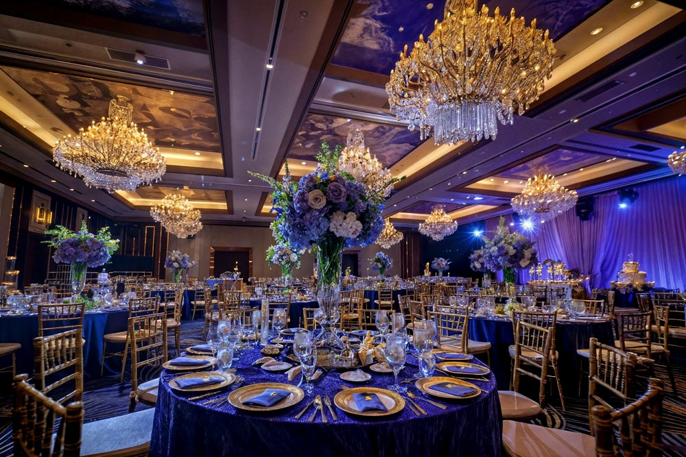 Decorated wedding venue set up for an evening ceremony